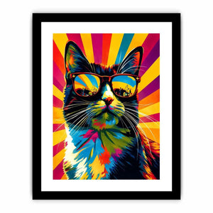 Retro pop art cat wearing sunglasses with colorful sunburst background for modern wall decor