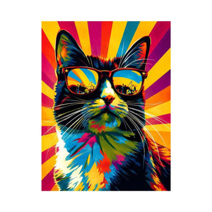 Retro pop art cat wearing sunglasses with colorful sunburst background for modern wall decor