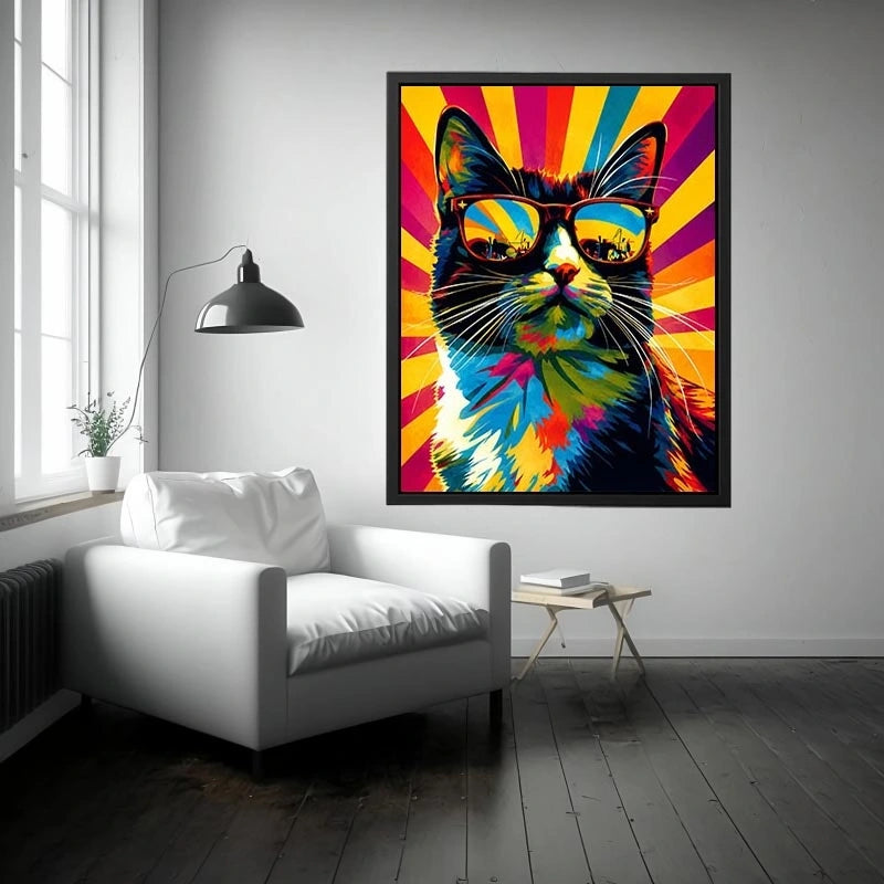 Retro pop art cat wearing sunglasses with colorful sunburst background for modern wall decor