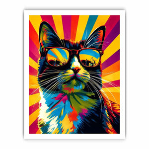 Retro pop art cat wearing sunglasses with colorful sunburst background for modern wall decor