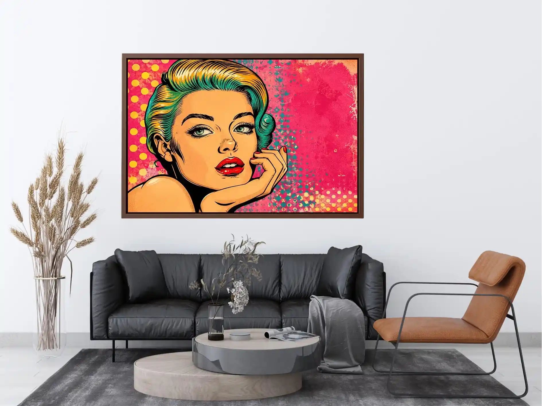 Retro pop art woman portrait with vibrant pink background for modern glamorous wall decor