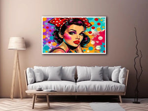 Colorful retro pop art woman portrait with polka dots for glamorous modern wall decor