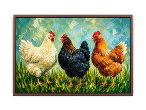 Farmhouse chicken painting with textured brushstrokes for rustic kitchen and country home wall decor