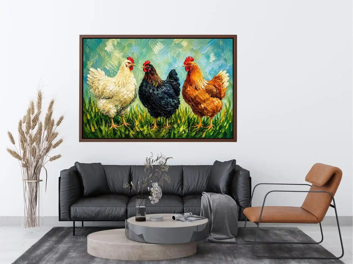 Farmhouse chicken painting with textured brushstrokes for rustic kitchen and country home wall decor