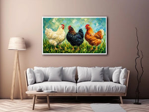 Farmhouse chicken painting with textured brushstrokes for rustic kitchen and country home wall decor