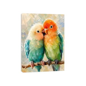 Pastel lovebirds painting with textured brushstrokes for romantic bedroom and farmhouse wall decor