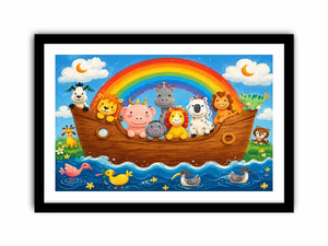 Cute rainbow animal ark nursery wall art with playful safari animals and colorful storybook style