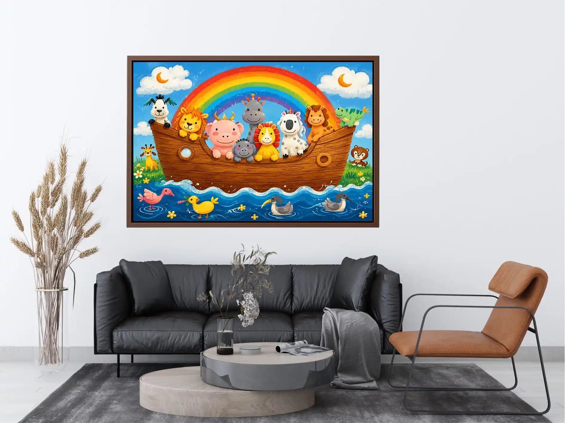 Cute rainbow animal ark nursery wall art with playful safari animals and colorful storybook style