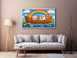 Cute rainbow animal ark nursery wall art with playful safari animals and colorful storybook style