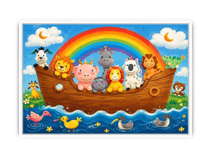 Cute rainbow animal ark nursery wall art with playful safari animals and colorful storybook style