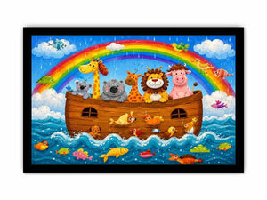 Cute rainbow safari animal nursery wall art with playful ark boat and colorful storybook illustration