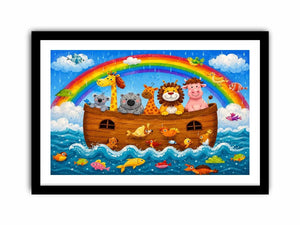 Cute rainbow safari animal nursery wall art with playful ark boat and colorful storybook illustration
