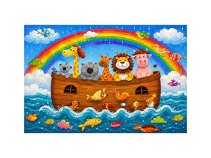 Cute rainbow safari animal nursery wall art with playful ark boat and colorful storybook illustration