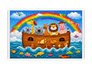 Cute rainbow safari animal nursery wall art with playful ark boat and colorful storybook illustration
