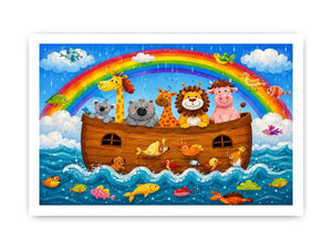 Cute rainbow safari animal nursery wall art with playful ark boat and colorful storybook illustration