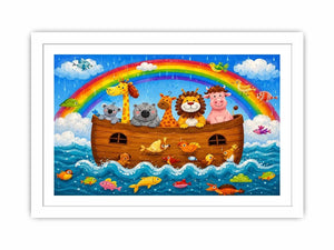 Cute rainbow safari animal nursery wall art with playful ark boat and colorful storybook illustration