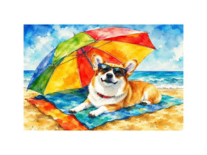 Cute corgi relaxing on the beach under a rainbow umbrella in colorful watercolor style