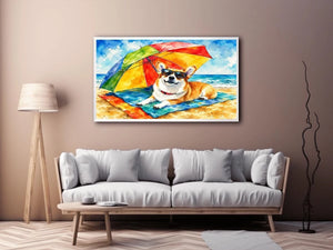 Cute corgi relaxing on the beach under a rainbow umbrella in colorful watercolor style