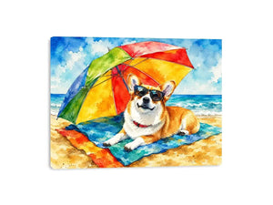 Cute corgi relaxing on the beach under a rainbow umbrella in colorful watercolor style