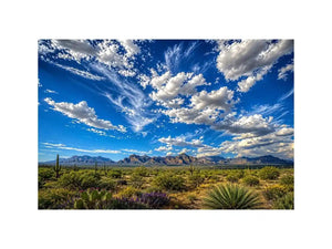 Southwestern desert landscape wall art with dramatic blue sky, mountains, and cactus scenery