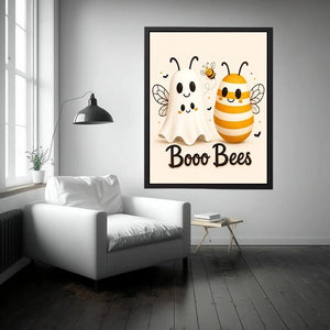 Cute ghost and bee nursery wall art with playful minimalist illustration and soft neutral colors
