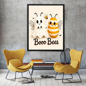 Cute ghost and bee nursery wall art with playful minimalist illustration and soft neutral colors