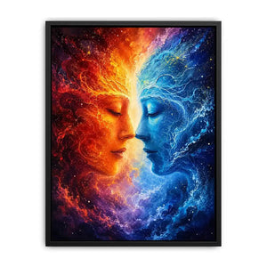 Cosmic abstract portrait wall art featuring fiery orange and blue celestial faces in a galaxy composition