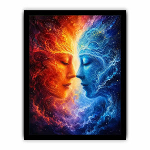 Cosmic abstract portrait wall art featuring fiery orange and blue celestial faces in a galaxy composition