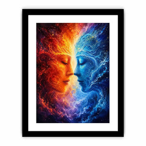 Cosmic abstract portrait wall art featuring fiery orange and blue celestial faces in a galaxy composition