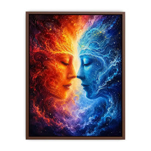 Cosmic abstract portrait wall art featuring fiery orange and blue celestial faces in a galaxy composition