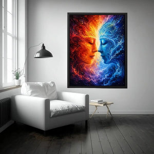 Cosmic abstract portrait wall art featuring fiery orange and blue celestial faces in a galaxy composition