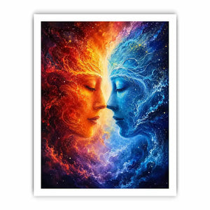 Cosmic abstract portrait wall art featuring fiery orange and blue celestial faces in a galaxy composition