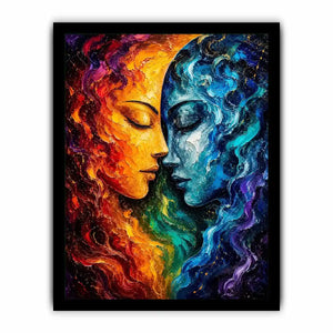 Textured cosmic abstract portrait wall art featuring fiery orange and blue celestial faces with palette knife details