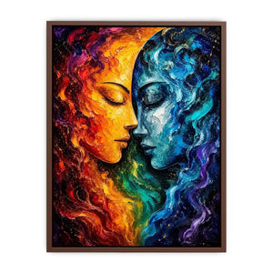 Textured cosmic abstract portrait wall art featuring fiery orange and blue celestial faces with palette knife details
