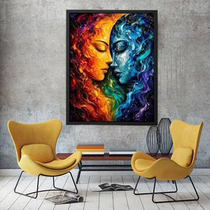 Textured cosmic abstract portrait wall art featuring fiery orange and blue celestial faces with palette knife details