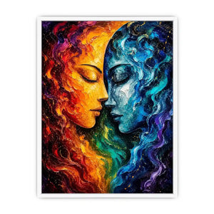 Textured cosmic abstract portrait wall art featuring fiery orange and blue celestial faces with palette knife details
