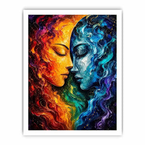 Textured cosmic abstract portrait wall art featuring fiery orange and blue celestial faces with palette knife details
