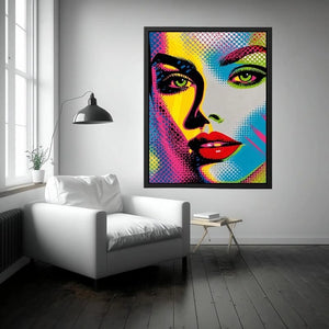 Neon pop art woman portrait with vibrant comic-inspired colors and bold contemporary fashion style