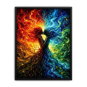 Fantasy artwork of fire and water elemental figures embracing