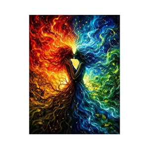 Fantasy artwork of fire and water elemental figures embracing