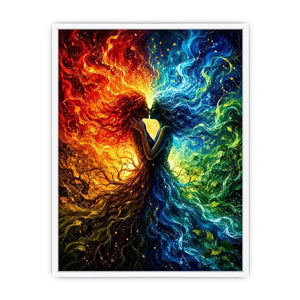Fantasy artwork of fire and water elemental figures embracing