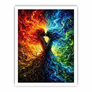 Fantasy artwork of fire and water elemental figures embracing