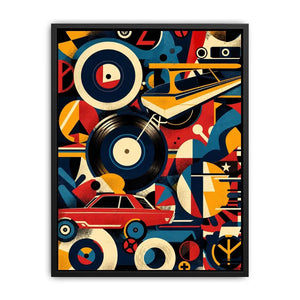Retro geometric artwork with vinyl records and colorful abstract shapes