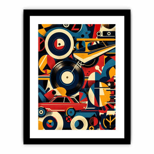 Retro geometric artwork with vinyl records and colorful abstract shapes