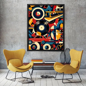 Retro geometric artwork with vinyl records and colorful abstract shapes