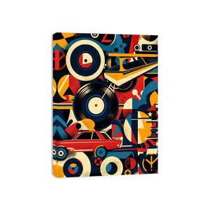 Retro geometric artwork with vinyl records and colorful abstract shapes