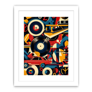 Retro geometric artwork with vinyl records and colorful abstract shapes