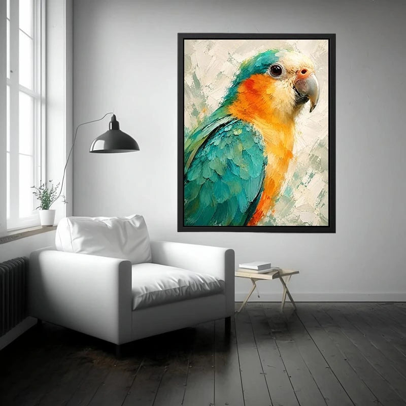 Tropical parrot portrait with teal and golden feathers