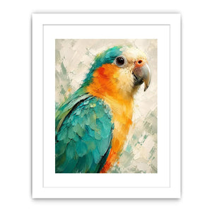 Tropical parrot portrait with teal and golden feathers