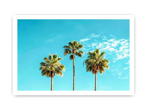 Palm trees against a bright blue sky in tropical landscape artwork